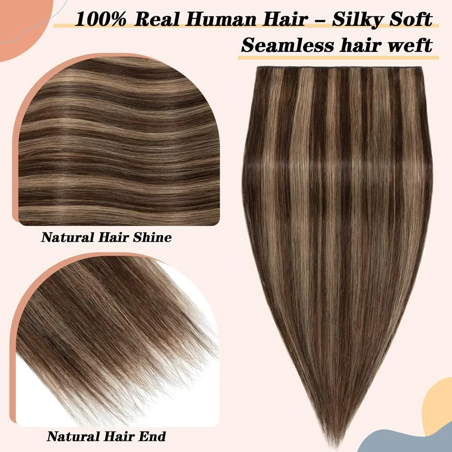 Einteilige Haarverlängerung, 5 Clips, glatt, gesträhnt, Remy Human, 120G, P4-27, Mittelbraun, Dunkelblond_voghion.com