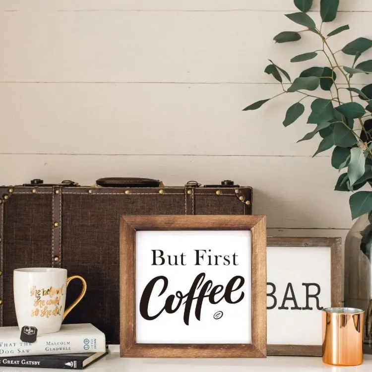 Wooden But First Coffee Framed Block Sign