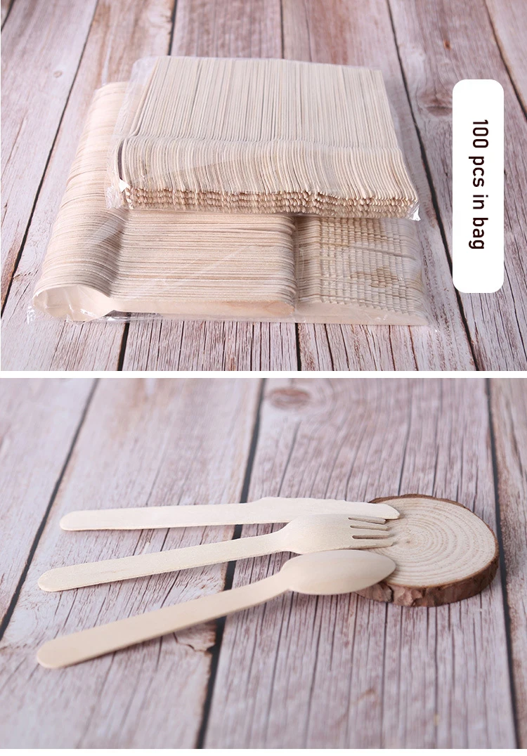 Disposable Spoon wooden knife and fork tableware fruit fork wooden cutlery dessert Cake fork ice cream spoon wholesale details