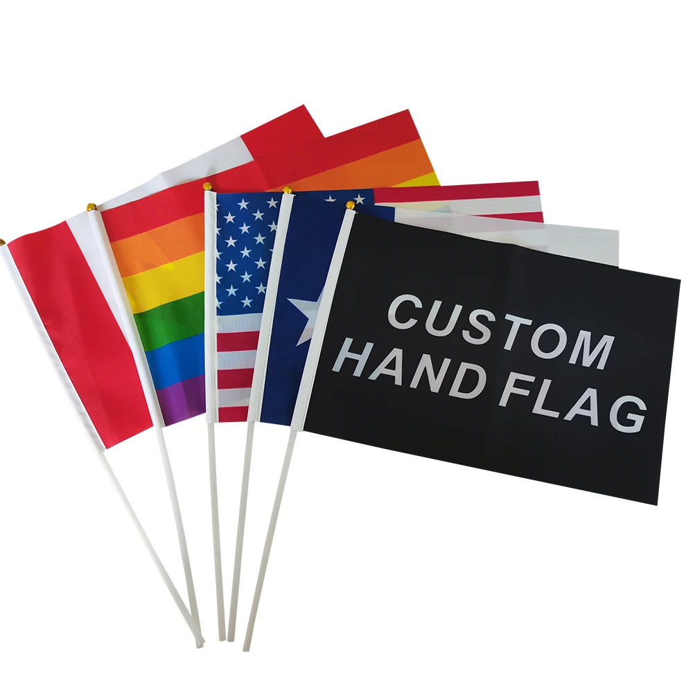 Customized small size shake flag polyester wooden printed lgbt gay pride 14*21cm hand waving hand held rainbow flags