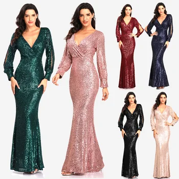 2022 New High Quality Plus Size glitter sequin Mesh Fishtail Slim Banquet Host Evening Party Prom Dresses ball gowns For Women
