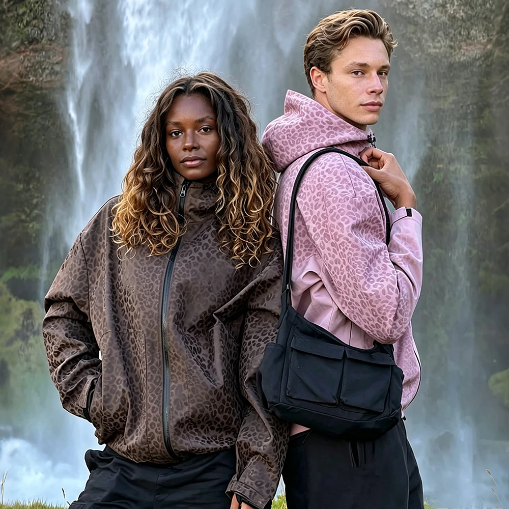 Wholesale Custom Streetwear Water-reactive Water-reveal Leopard Print Hooded Windbreaker Men's Waterproof Zip up Jacket