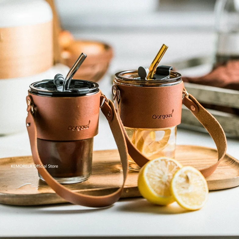 Glass Mugs with Leather Handle - Heat-Resistant 16 Oz