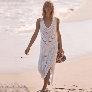 Hollow Out Sarong Solid Color Bikini Crochet Cover up Beach Dress for Ladies