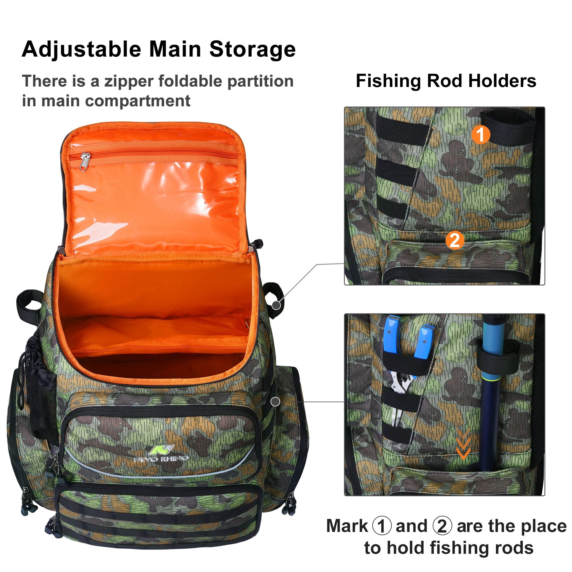 NEVO RHINO 40L Fishing Backpack with 4 Tackle Boxes Fishing Rod Holder Waterproof Rain Cover