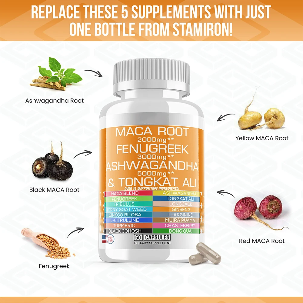 OEM Maca Root Capsules with Fenugreek Ashwagandha Tongkat L Arginine  Ginseng Energy All in 1 Stamina Supplement