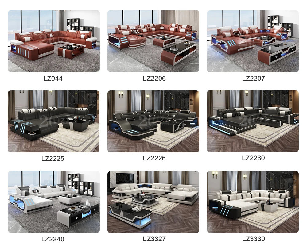 Modern Design Leather Couch Sectional Living Room Sofa Set with LED