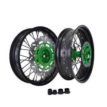 Personalized Customization 17" Supermoto Wheels With Black Rims And Green Hubs