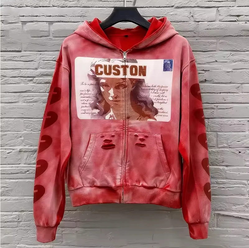 Custom Made to Order DTG Portrait Graphic Full Zip Hoodie Oversized Heavyweight Fleece YKK Washed Streetwear Unisex gallery 5