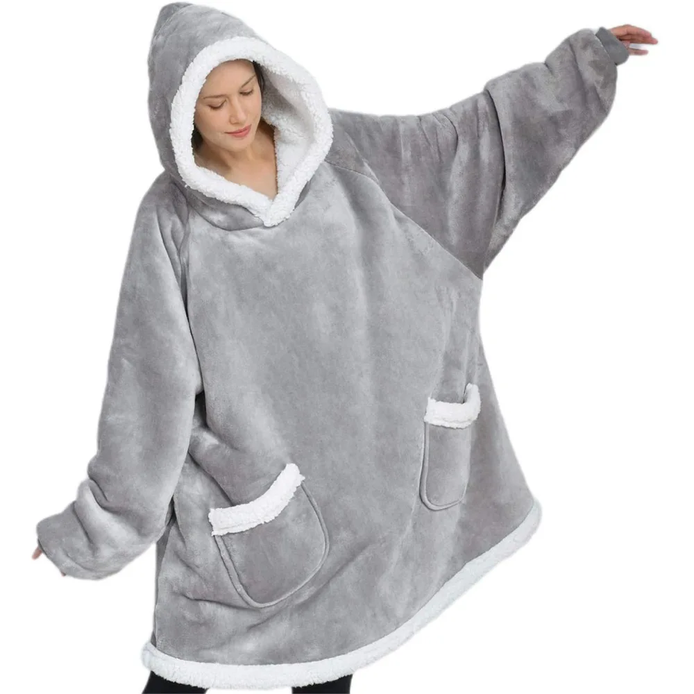 Sherpa Winter Custom Solid Short Polyester Fleece Throw Blanket Hoodie Grey Custom Design Modern Flannel Knitted Raschel Blanket