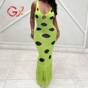 GX8177 Fashion 2026 Fall Clothing Boutique Sexy Street Wear V-Neck Knitted Maxi Dresses Sleeveless Elegant Long Tassel Dress