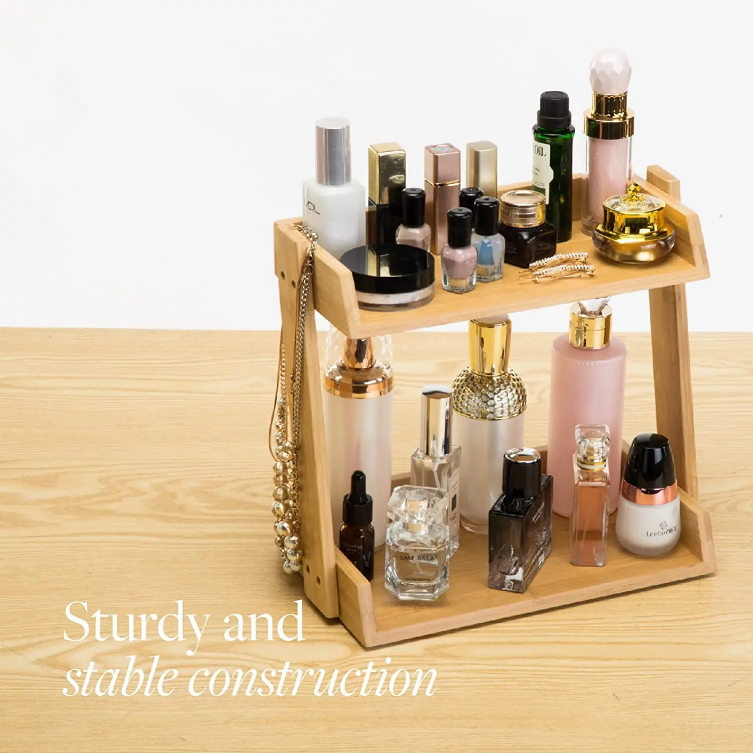 Double Tier Bamboo Makeup Organizer Multi Purpose Storage For Skincare