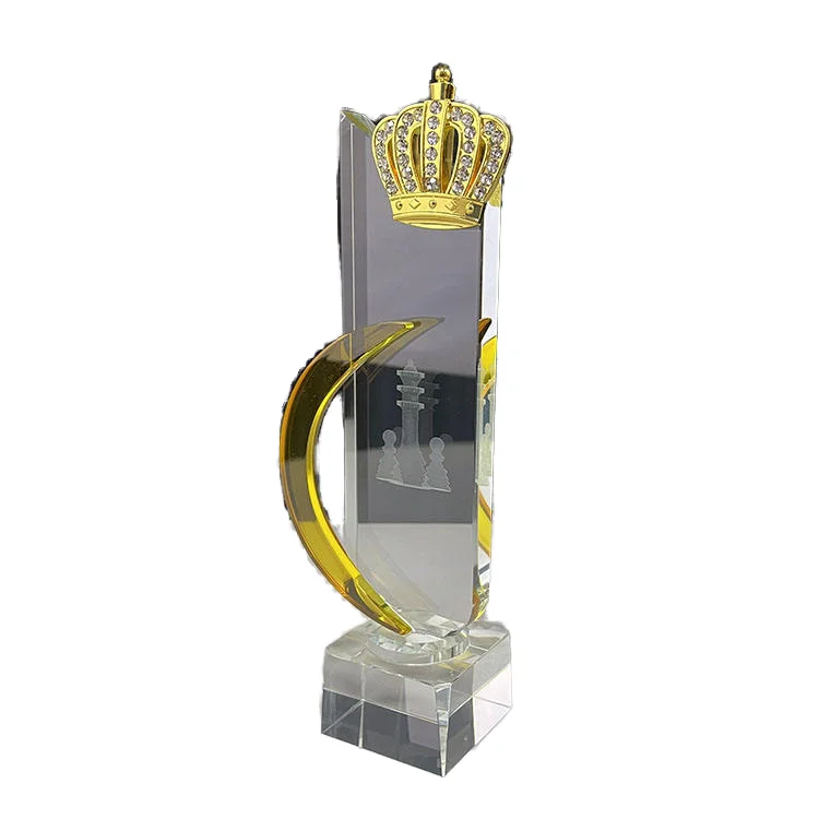 Wholesale Customized Gold Metal Crown K9 Glass Crystal Trophy High Quality New Design Award for Small Bridge Gift Box