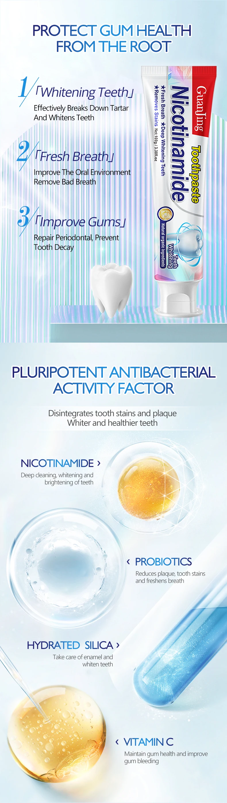 100g Natural Nicotinamide Deep Brightening Fresh Breath Cleaning Toothpaste for Removes Stains Teeth