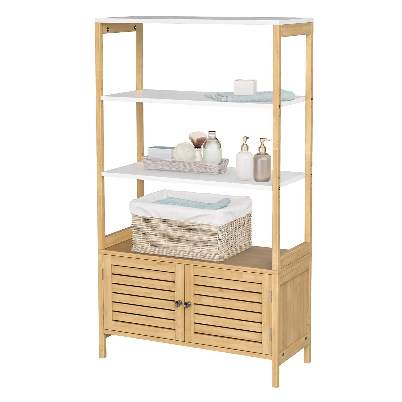 Freestanding Bamboo Bathroom Storage With 3 Shelves And Double