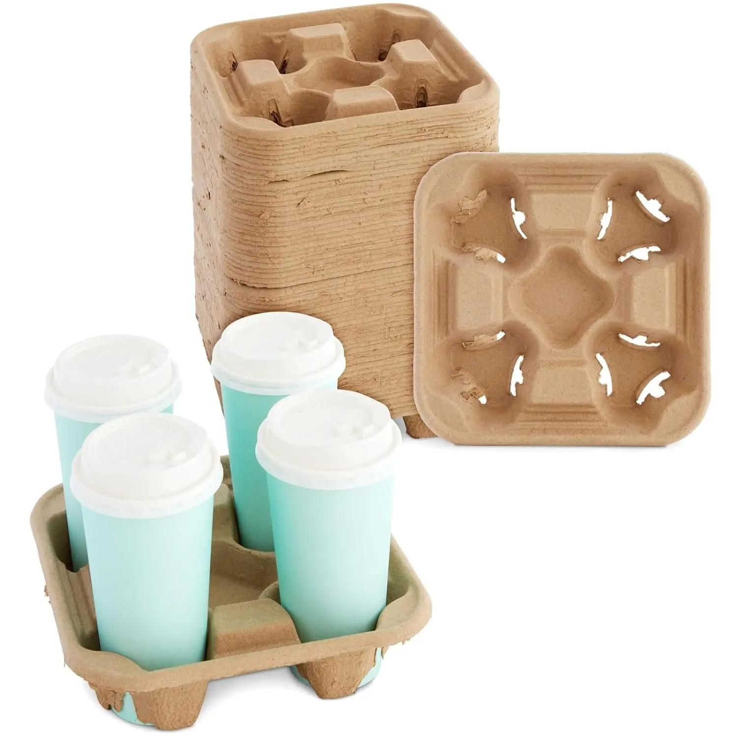 Custom Compostable Paper Pulp Fiber Disposable Drink Tray to Go 1/2/3/4 Cup Holder Carrier for Hot or Cold Drinks Takeout
