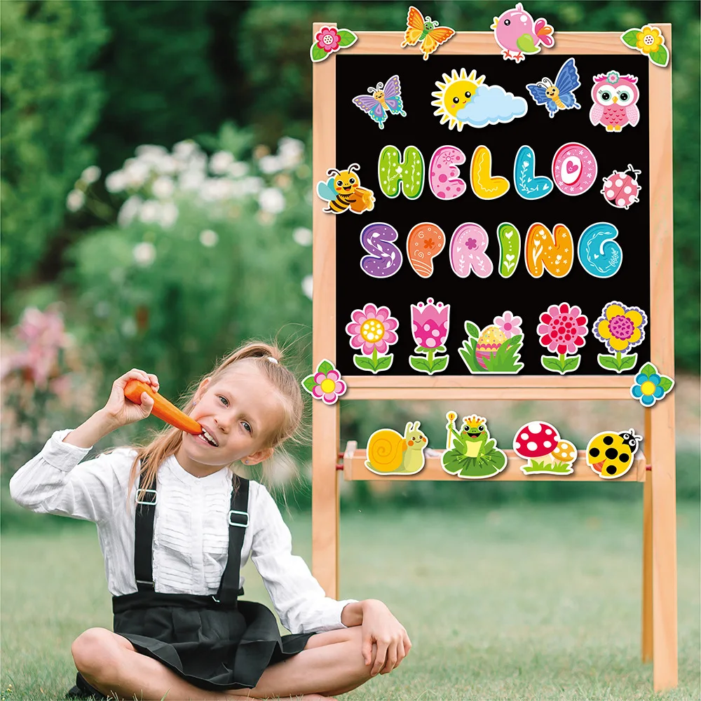 Hello Spring Cutouts Spring Bulletin Board Decoration Set  DIY Paper Cutouts with 100Pcs Glue Points Seasonal Classroom Wall Dec