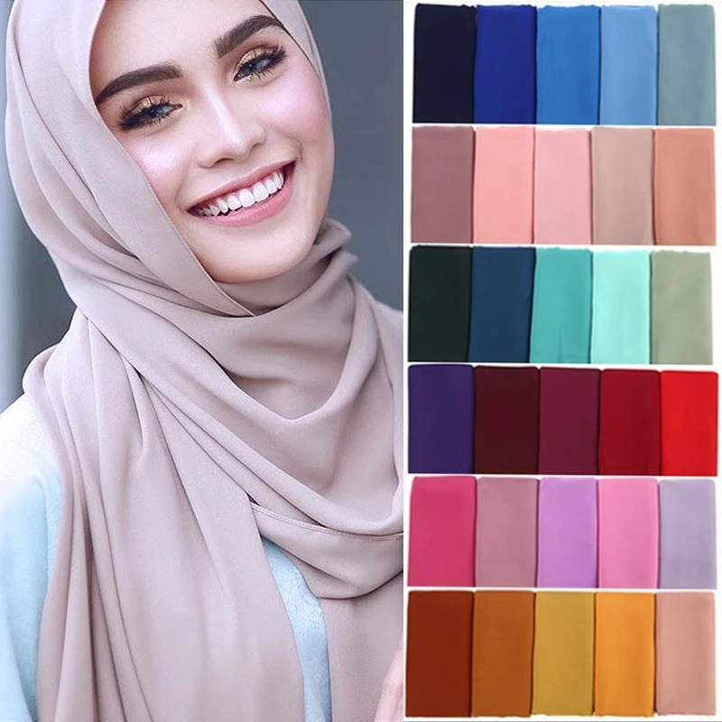 Womens Scarf Solid Color Pearl Chiffon Bubble High Quality Muslim Scarf Headwear 