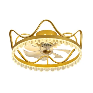 Nordic Gold Modern Luxury Crown Silent Fan Light Fancy Hidden Transparent Blade Crystal Flush Mount Ceiling Fan With LED Light