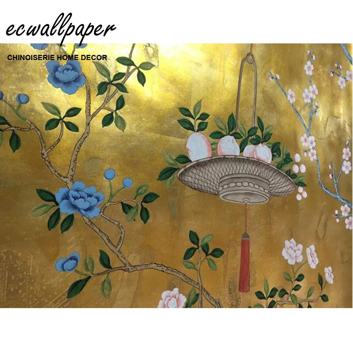 Chinoiserie Mural,Hand Painted Chinoiserie Wallpaper On Gold Metallic