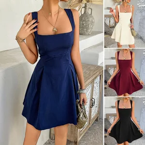 Women's Sexy Sleeveless Square Neck Adjustable Straps Bow Tie Backless A-line Mini Party Club Dress