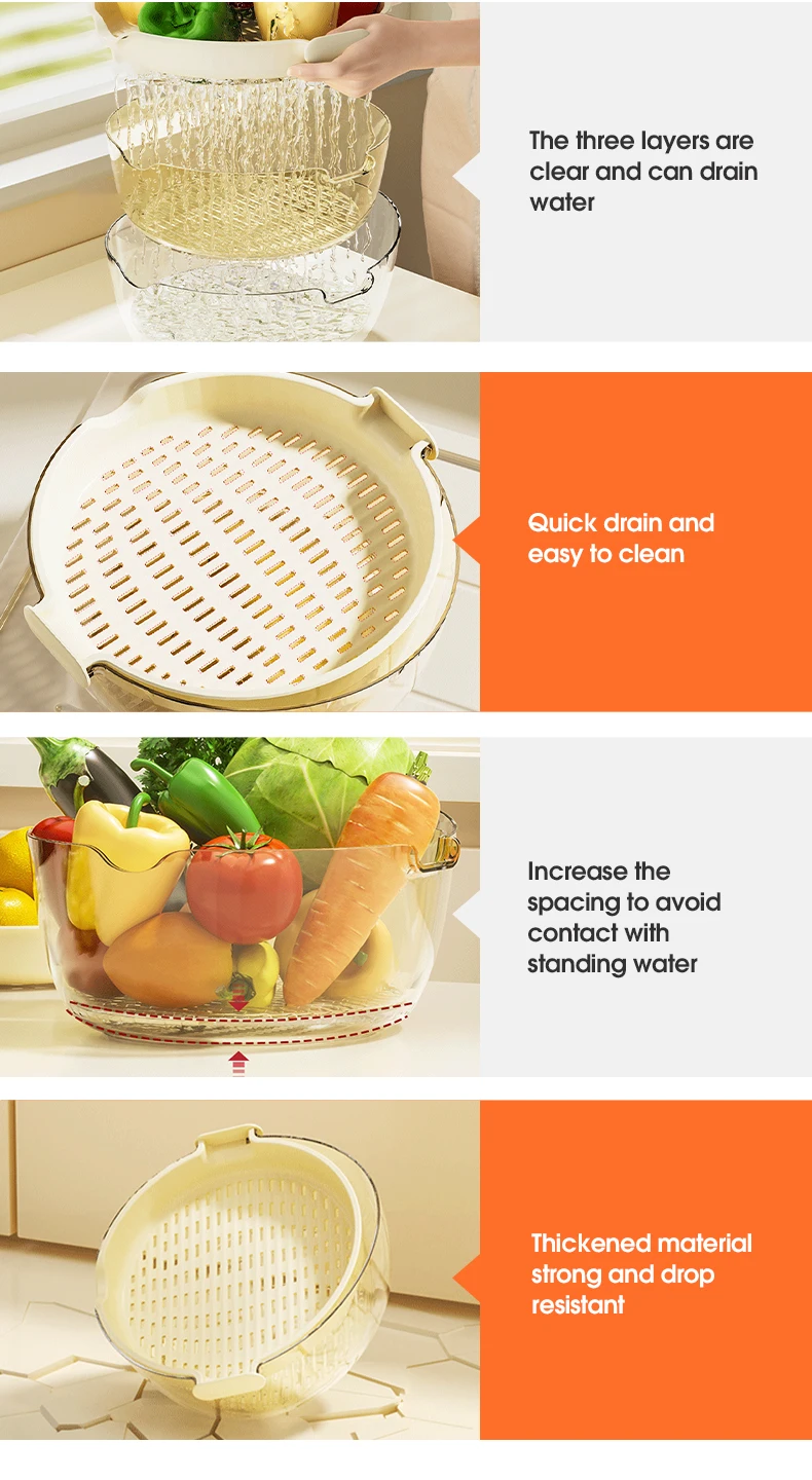 Wannuo 3 Layers Kitchen Fruit & Vegetable Wash Basket Large Capacity Vegetable & Fruit Drain Basket with Concave Drain supplier