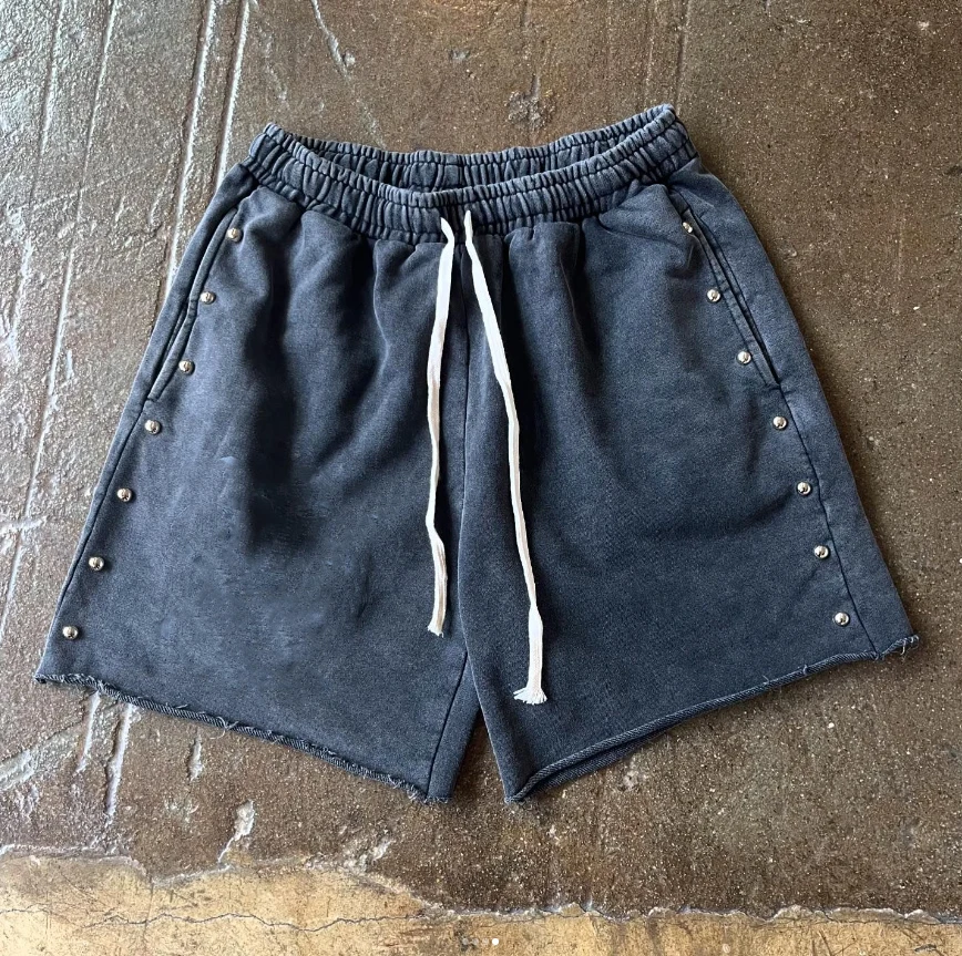 Wholesale Custom Heavyweight Cotton French Terry Vintage Stone Acid Wash Cropped Boxy Zip up Hoodie and Sweat Shorts Set details