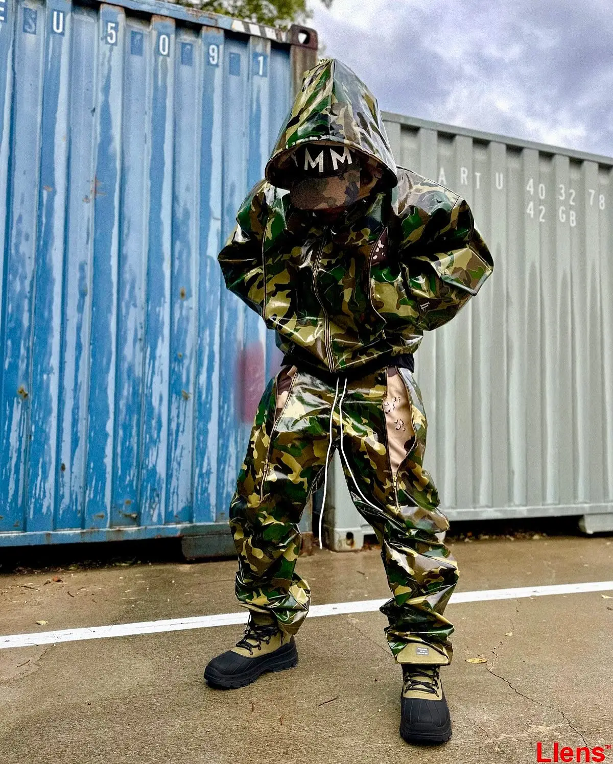 Custom Streetwear Men's Outerwear Set Camouflage Camo Baggy Leather Suits Two Piece Stacked Pant and Hoodie Sweatsuit Tracksuit gallery 4
