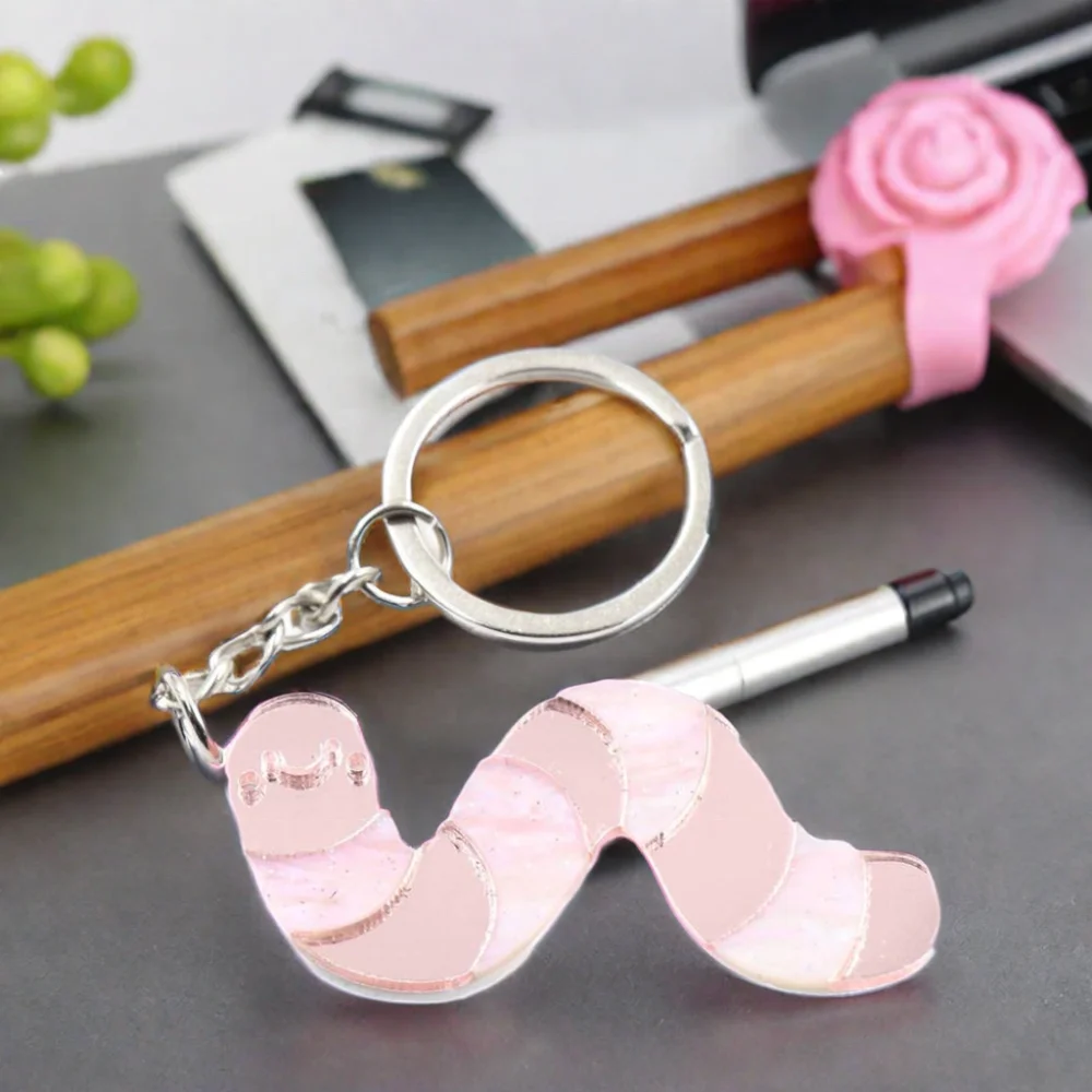 YYXKH1320 Cute Pink Earthworm Keychain Girls' Luggage Series Stainless Steel Coin Holder UV Printing Plastic Material manufacture