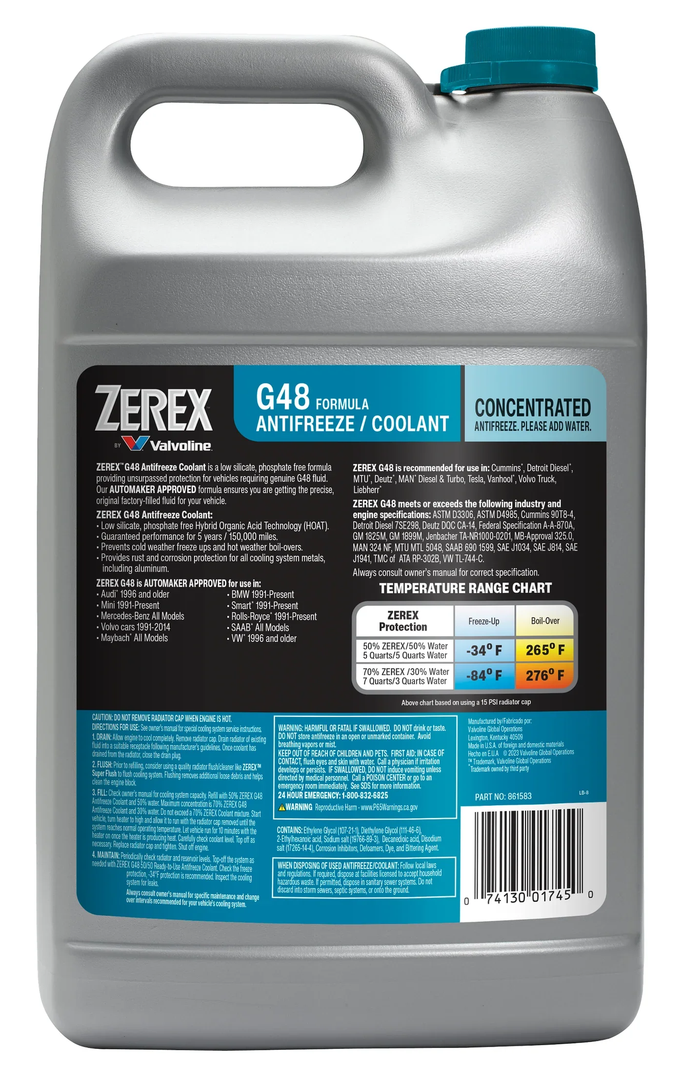 Zerex G48 High-Performance Extended Life Coolant Concentrate Antifreeze for Gasoline and Diesel Engines