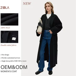 100% Woolen Coat Ladies New Design Winter Long Casual Outerwear Notched Collar Open Front Button Handmade Made in Zhejiang
