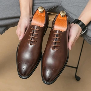 New Men Dress Shoes Luxury Business Leather Shoes for Mens Comfortable Pointed Social Male Black Casual Wedding Shoes