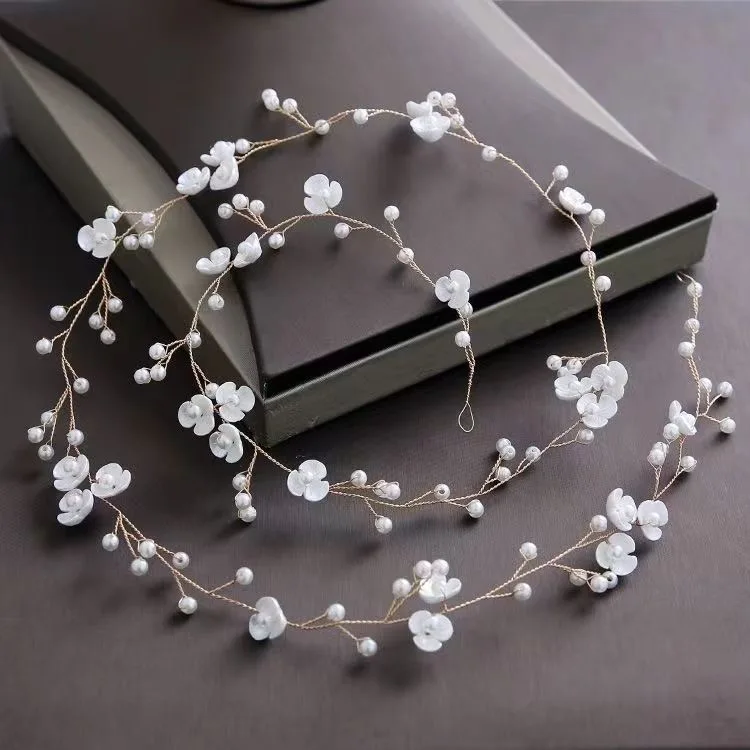 Модные женские украшения для волос с цветами и стразами с белым жемчугом длинные филиал Свадебная повязка на голову головные уборы Свадебные украшения