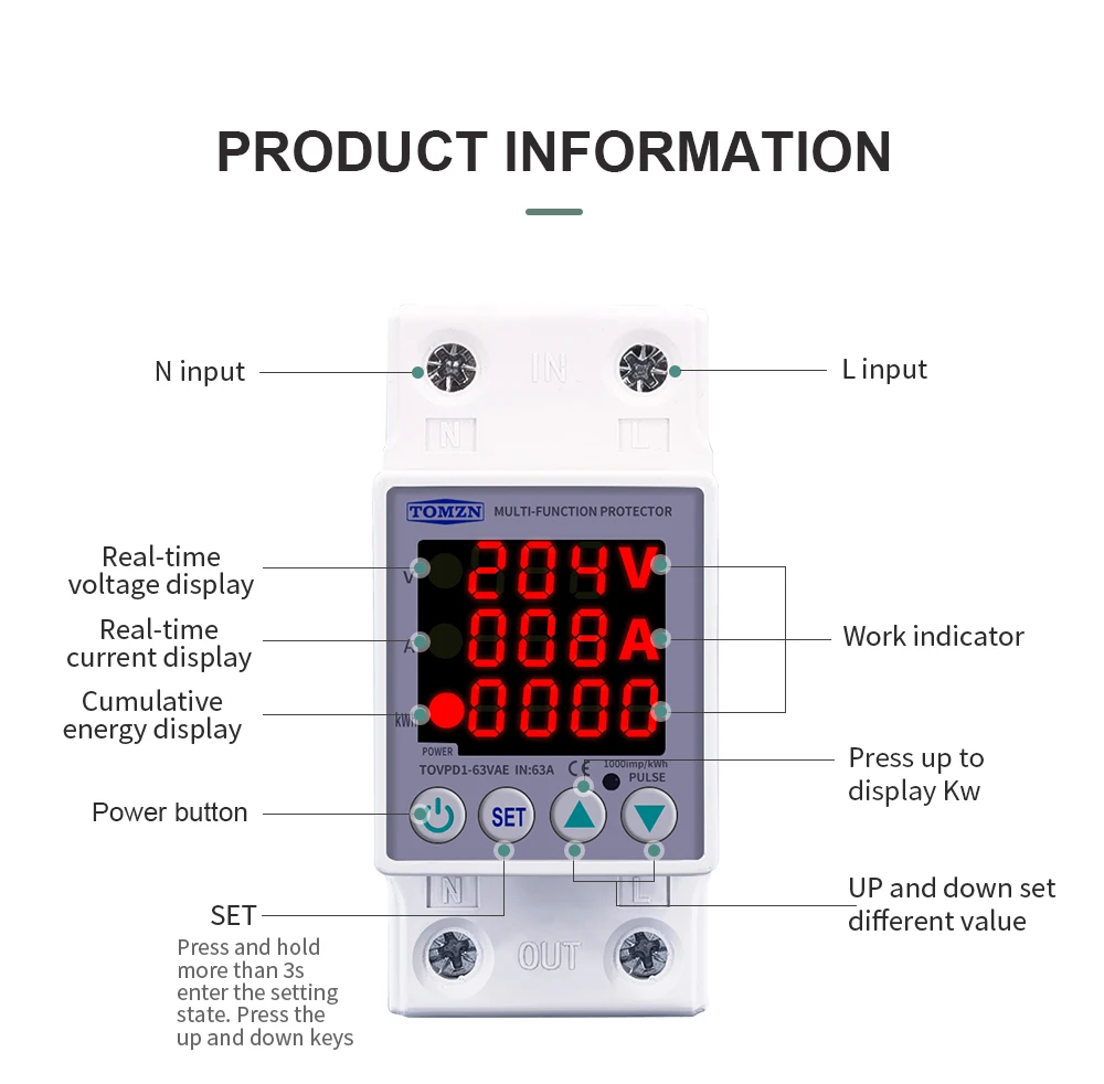 63a 230v 3in1 Display Din Rail Adjustable Over Under Voltage Surge ...