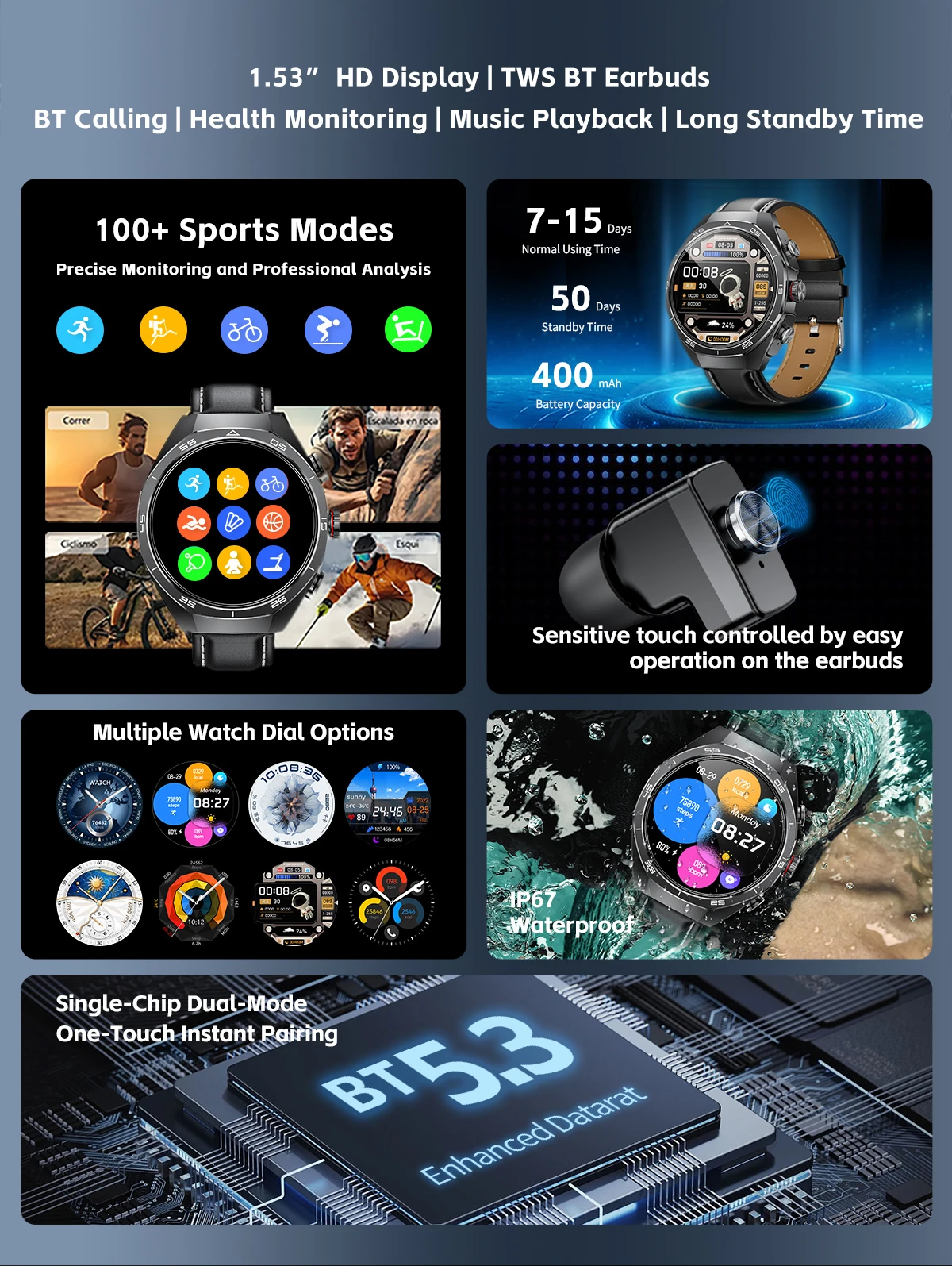 If you are searching for a supplier of a product with perfect quality control and highly competitive prices, which gives you an advantage in expanding your local market, then contact us now!  Competitive suppliers of  GT97  2026 Outdoors Sport Smart Watch with Earbuds BT Call 2-in-1 TWS IP67 Waterproof Heart Rate Smart Watch for Men