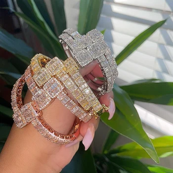 Hip Hop Jewelry Gold Plated Diamond Bracelet Iced Out Cubic Zirconia Bracelet Jewelry Miami Baguette Bracelets Bangle For Women