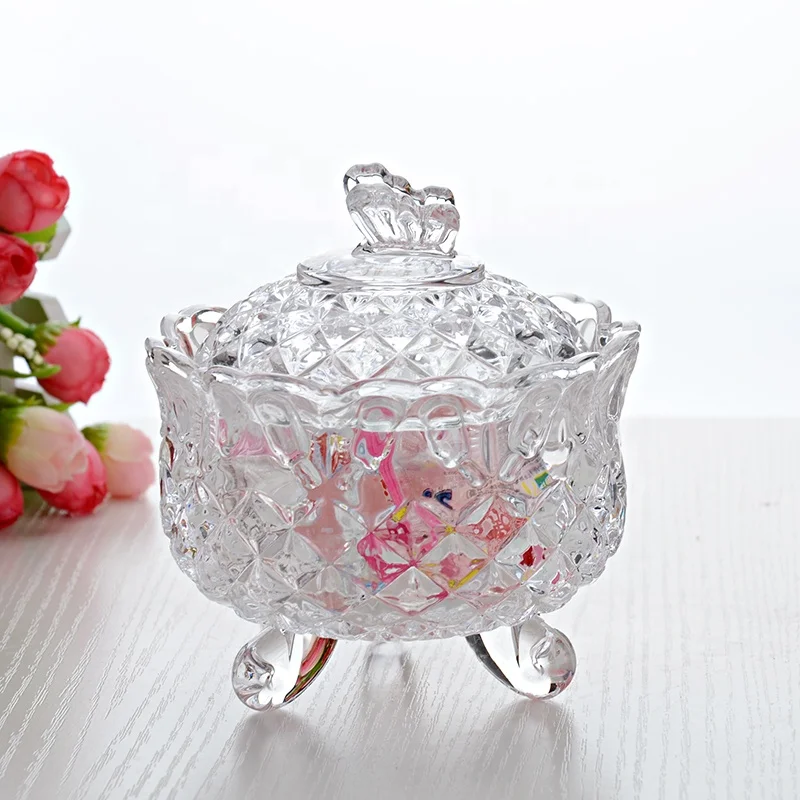 2PCS Glass Sweet Bowl Bonbon Candy Dish With Lid Crystal Effect Clear Glass Transparent Sugar Bowl Decorative Glass Chocolate Jar Box Centrepiece Containe