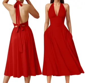 New Arrive Halter V Neck Backless and Back Tie Elegant Party Dress for Ladies Evening Dress