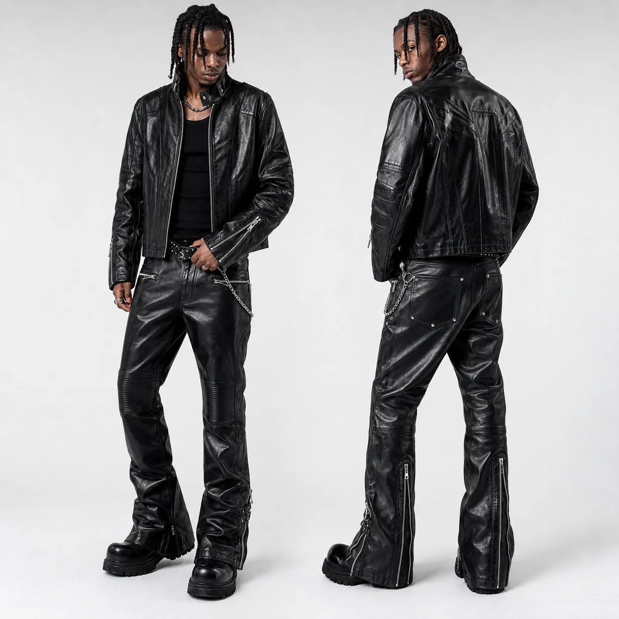 OEM Washed PU Leather Jacket Pants Set Zipper Biker Moto Style Streetwear Supplier Fashion Winter Fit Wear Men Leather Set gallery 4