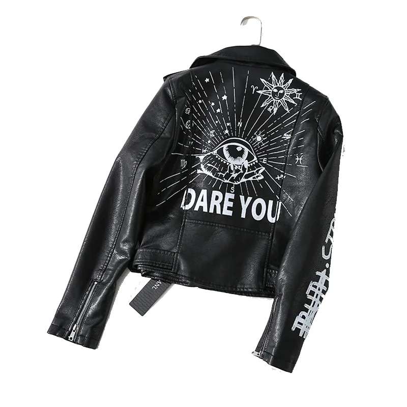 Street Graffiti Printing Crazy Contrast Color Motorcycle PU Leather Short Jacket for Woman