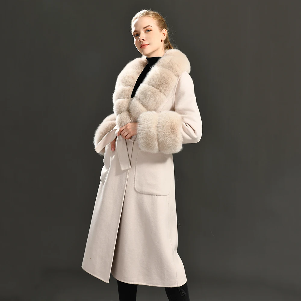 Elegant Long Style Fashion Luxury Big Fox Fur Collar Wool Coat Trench  Winter Women Fall Double Faced Cashmere Coat With Real Fur