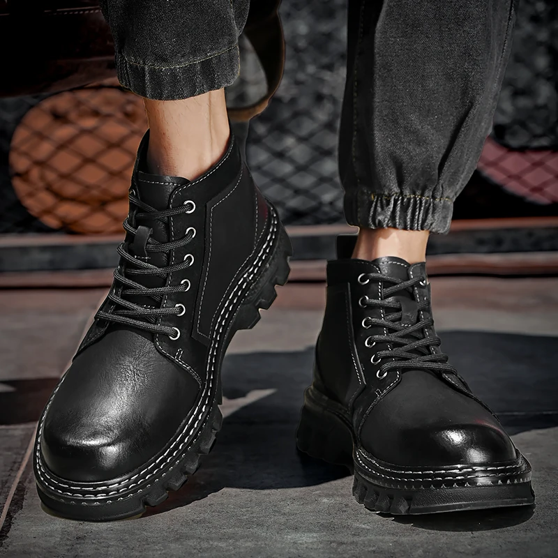 New Fashion Trendy Casual Men's British Genuine Leather High Top Soft Sole martin boots