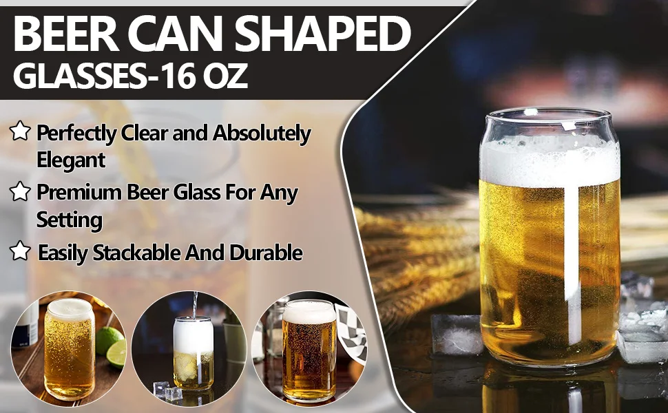 Beer Can Glasses Set of 10, 16 oz. Pint Sized, Soda Can Shape, Glassware,  Clear