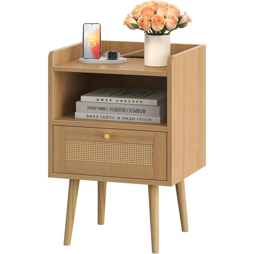 Modern Wood Night Stand Charging Station with Storage Rattan End Table for Small Space Bedroom Kids' Dorm Natural