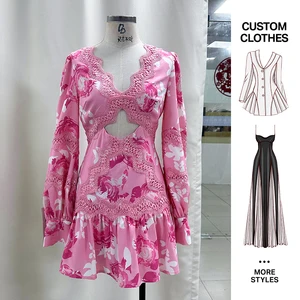 Custom New Design Summer Elegant Long Sleeve Mesh Pink Ruffle Hollow Floral Print Dress Cut Out V Neck Casual Dress for Women