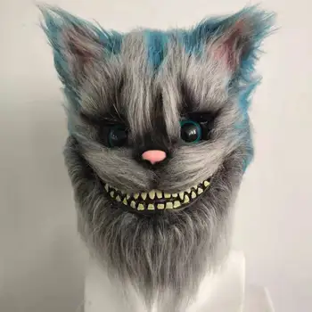 Masque Halloween Cheshire Cat Mask with Wig Hair Alice in Wonderland Latex Mask for Movie Party Masquerade