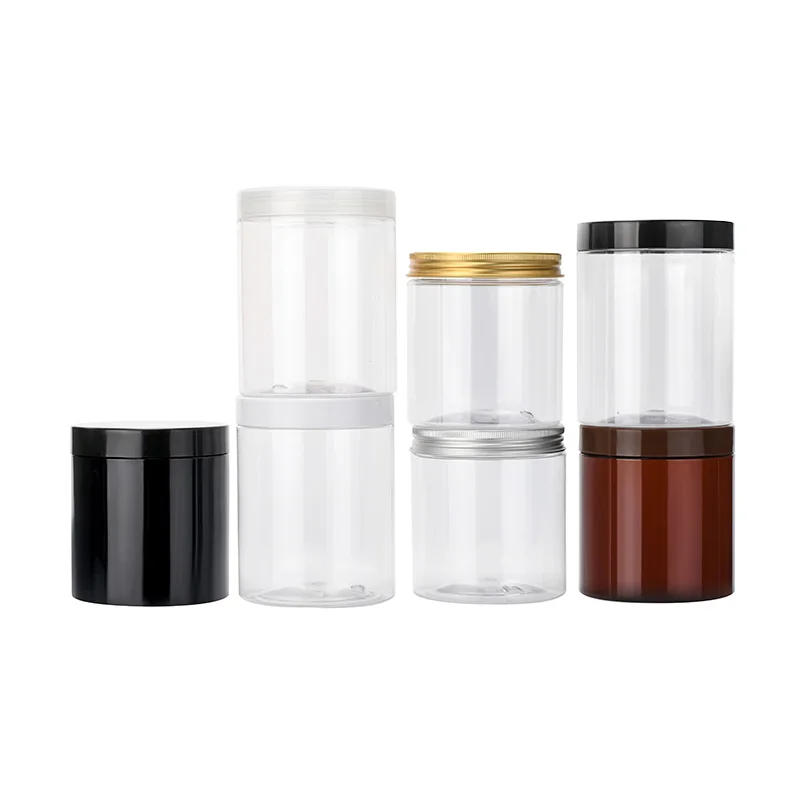 Wholesale Food Grade 100g 120g 150g 200g 250g 300g 400g 500g 4/8oz Amber Clear PET Plastic Jar With Aluminum Plastic Screw Lids