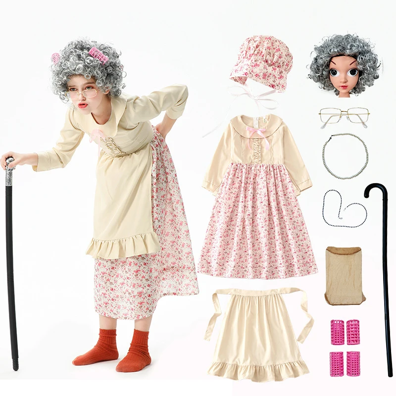 knee length dresses for ladies 4E's Novelty Old Lady Costume for Kids 5 Pcs Set for 100 Days of School Grandma Dress-Up main image 1
