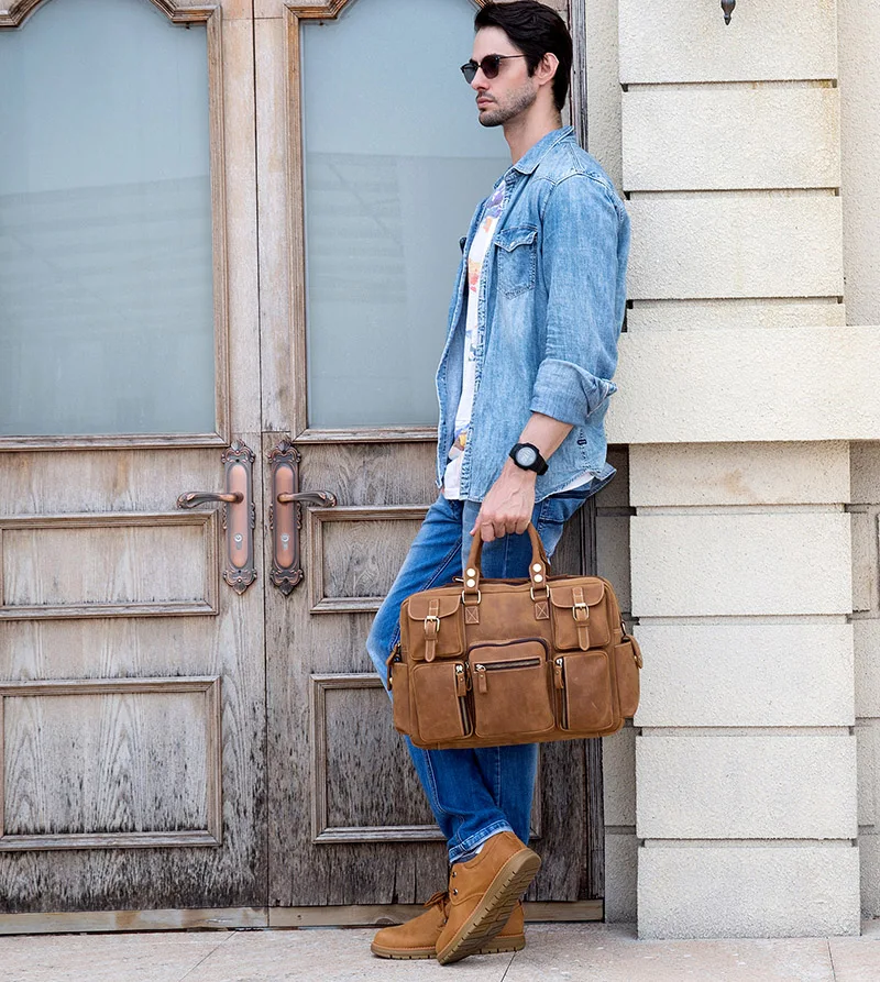 Men Crazy Horse Leather Briefcase Large Cow Leather Travel Bag Vintage