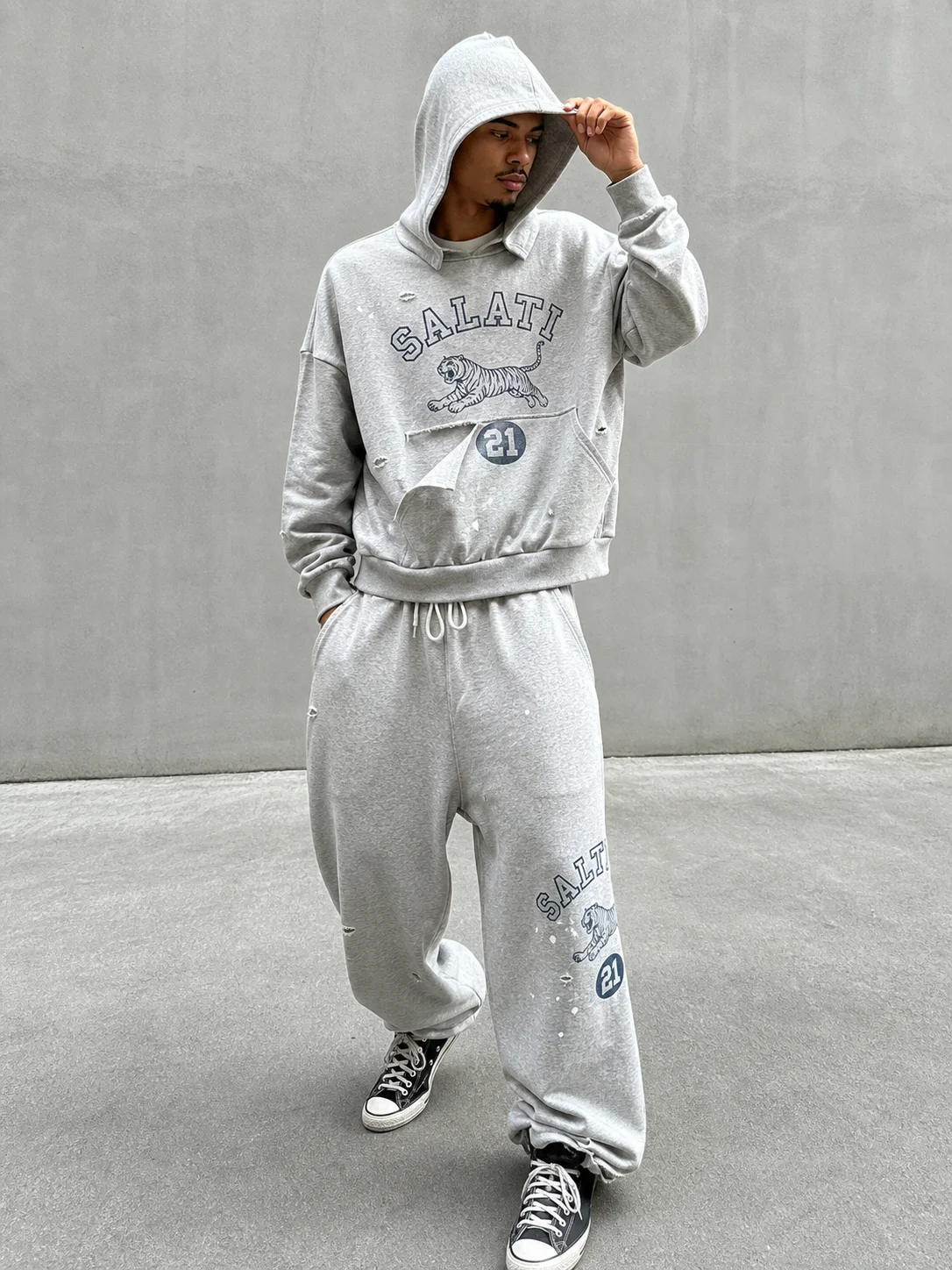 Manufacturer Y2K Men Casual Tracksuit Distressed Hoodie Baggy Wide Leg Sweatpants Boxy Heavy Cotton Fleece Streetwear Wash OEM gallery 2